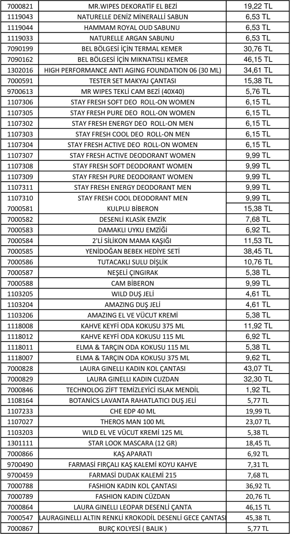 30,76 TL 7090162 BEL BÖLGESİ İÇİN MIKNATISLI KEMER 46,15 TL 1302016 HIGH PERFORMANCE ANTI AGING FOUNDATION 06 (30 ML) 34,61 TL 7000591 TESTER SET MAKYAJ ÇANTASI 15,38 TL 9700613 MR WIPES TEKLİ CAM