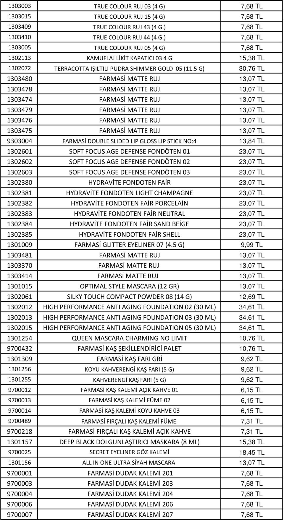 5 G) 30,76 TL 1303480 FARMASİ MATTE RUJ 13,07 TL 1303478 FARMASİ MATTE RUJ 13,07 TL 1303474 FARMASİ MATTE RUJ 13,07 TL 1303479 FARMASİ MATTE RUJ 13,07 TL 1303476 FARMASİ MATTE RUJ 13,07 TL 1303475