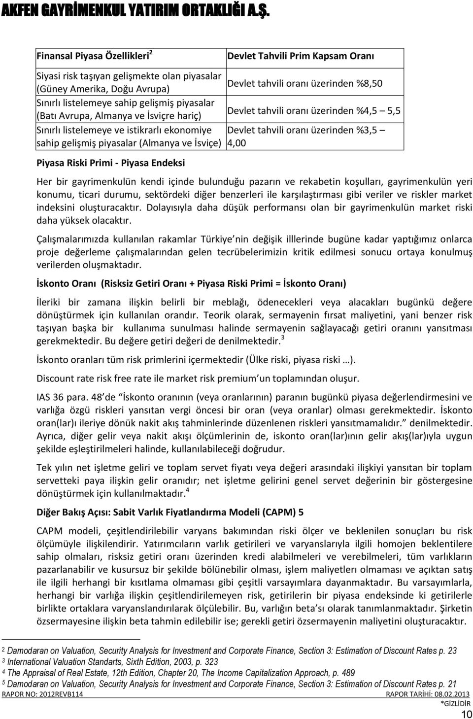 piyasalar (Almanya ve İsviçe) 4,00 Piyasa Riski Primi - Piyasa Endeksi Her bir gayrimenkulün kendi içinde bulunduğu pazarın ve rekabetin koşulları, gayrimenkulün yeri konumu, ticari durumu,