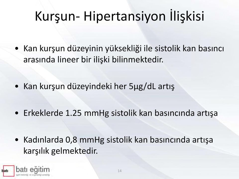 Kan kurşun düzeyindeki her 5μg/dL artış Erkeklerde 1.