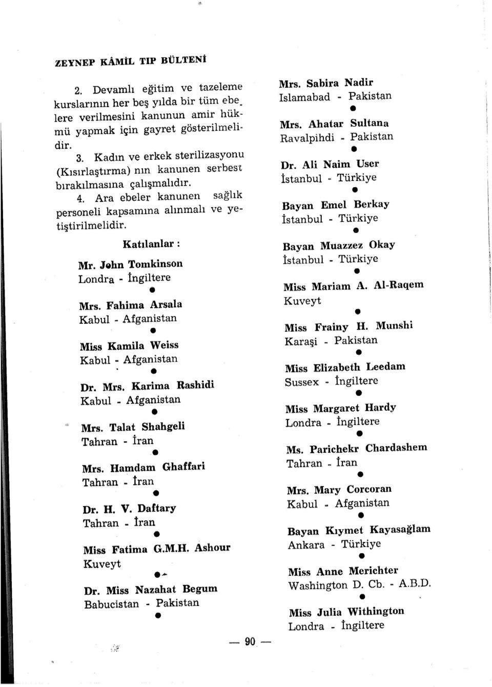 Jehn Tomkinsoıı Londra - İngiltere Mrs. Fahima Arsala Kabul - Afganistan Miss Kamila Weiss Kabul - Afganistan Dr. Mrs. Karima Rashidi Kabul.. Afganistan Mrs. Talat Shahgeli Tahran - İran Mrs.