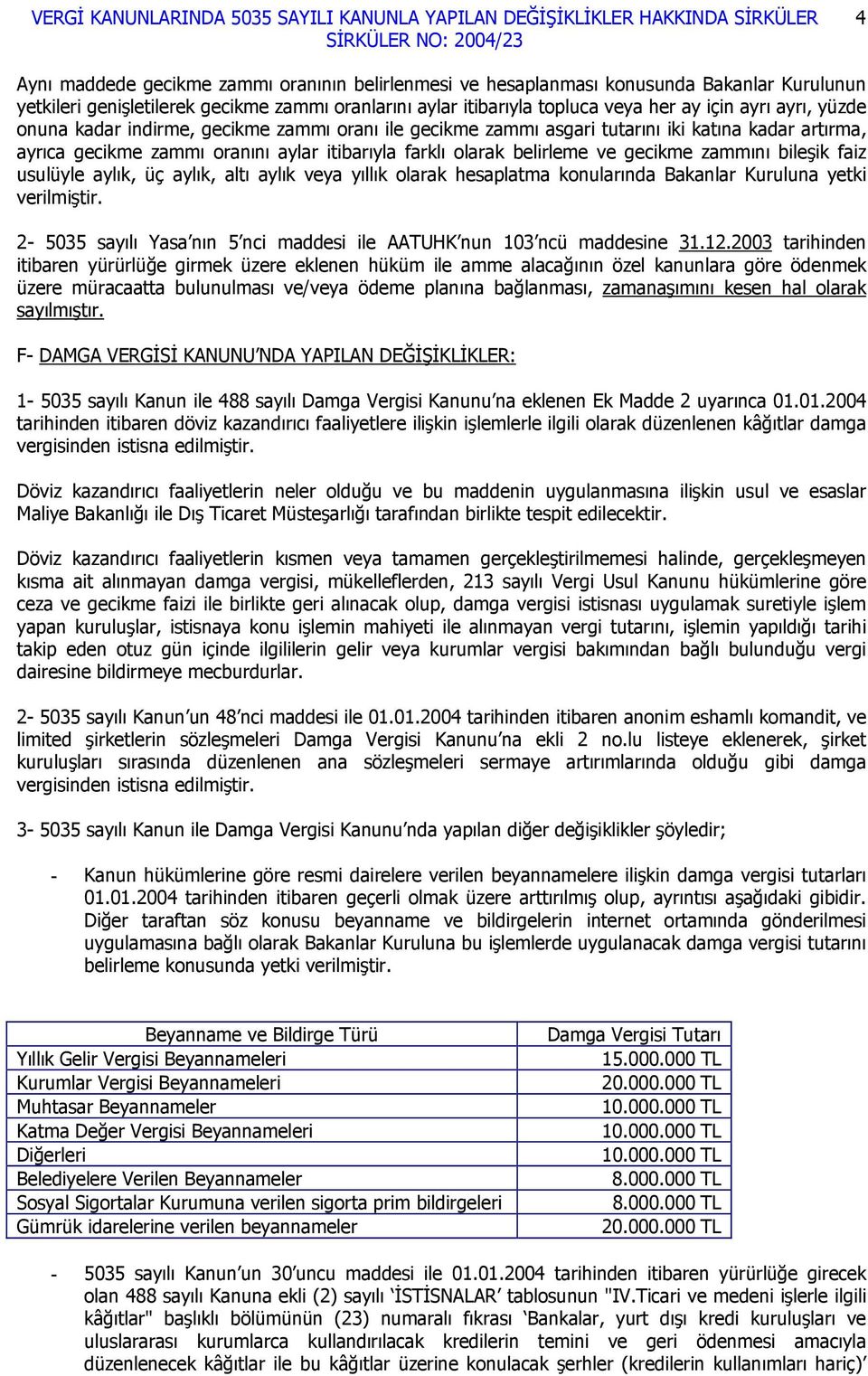 usulüyle aylık, üç aylık, altı aylık veya yıllık olarak hesaplatma konularında Bakanlar Kuruluna yetki verilmiştir. 2-5035 sayılı Yasa nın 5 nci maddesi ile AATUHK nun 103 ncü maddesine 31.12.