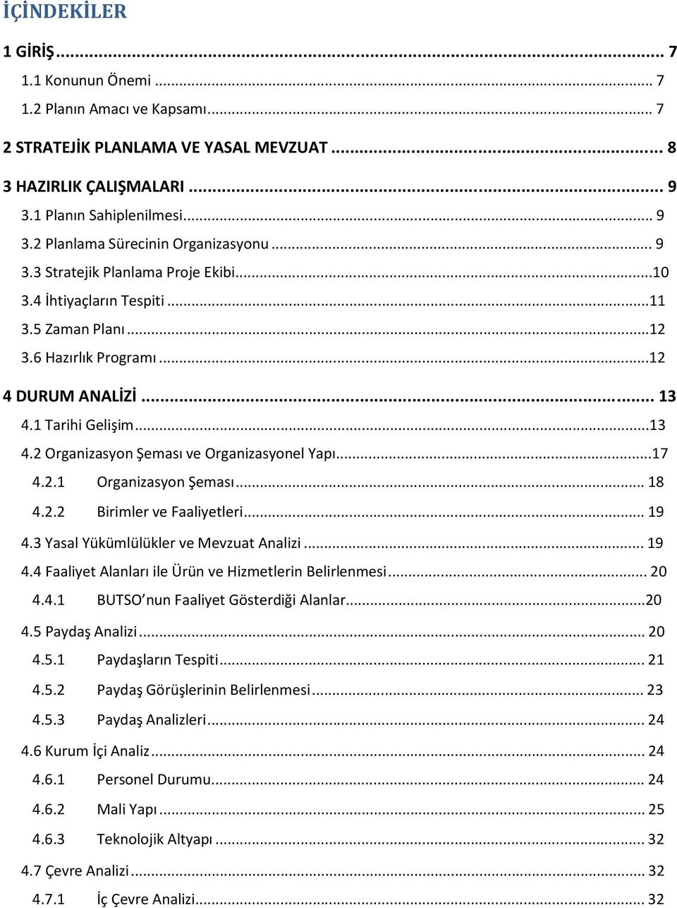 ..17 4.2.1 Organizasyon Şeması... 18 4.2.2 Birimler ve Faaliyetleri... 19 4.3 Yasal Yükümlülükler ve Mevzuat Analizi... 19 4.4 Faaliyet Alanları ile Ürün ve Hizmetlerin Belirlenmesi... 20 4.4.1 BUTSO nun Faaliyet Gösterdiği Alanlar.