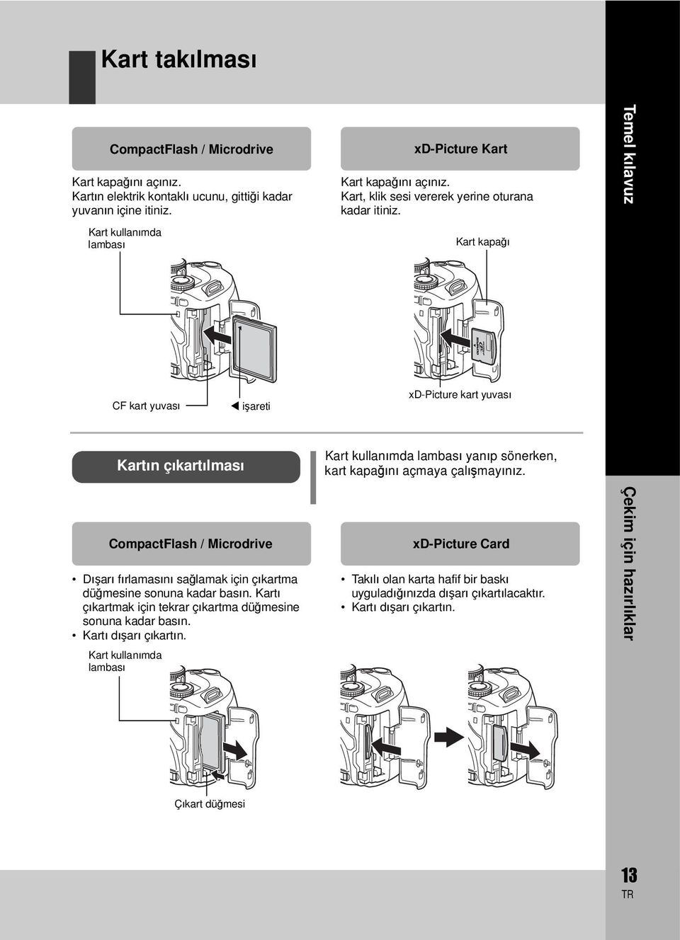 Kart kapağı Temel kılavuz CF kart yuvası işareti xd-picture kart yuvası Kartın çıkartılması CompactFlash / Microdrive Dışarı fırlamasını sağlamak için çıkartma düğmesine sonuna kadar basın.