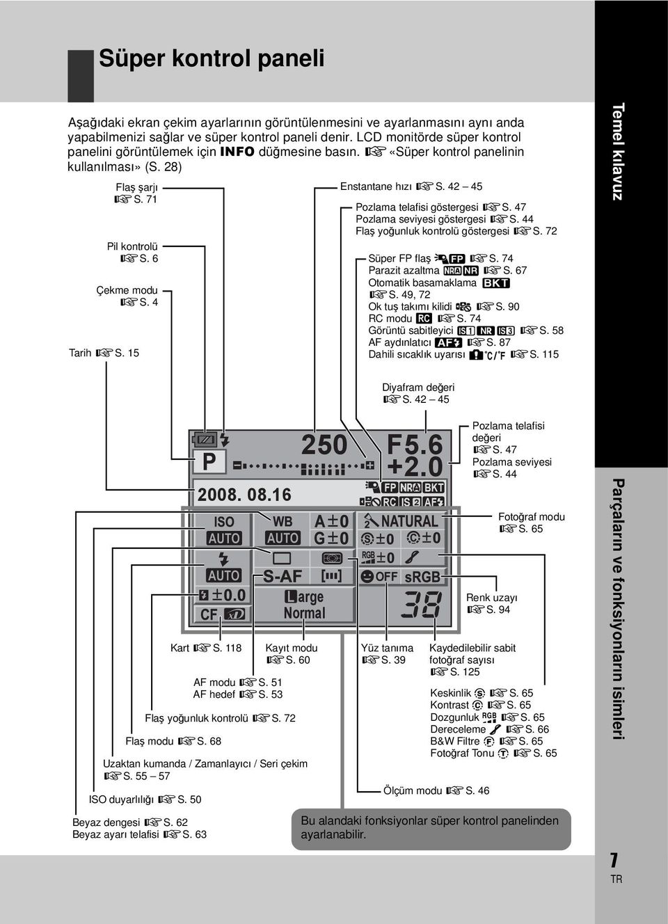 15 Enstantane hızı gs. 42 45 Pozlama telafisi göstergesi gs. 47 Pozlama seviyesi göstergesi gs. 44 Flaş yoğunluk kontrolü göstergesi gs. 72 Süper FP flaş 1 gs. 74 Parazit azaltma mo gs.