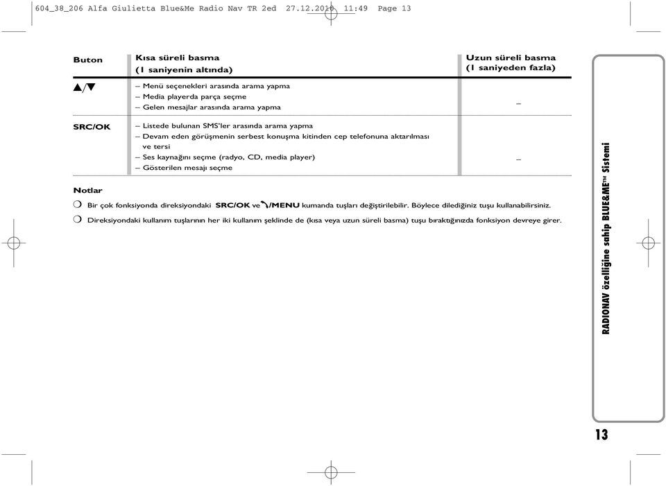 basma (1 saniyeden fazla) SRC/OK Notlar Listede bulunan SMS ler arasýnda arama yapma Devam eden görüþmenin serbest konuþma kitinden cep telefonuna aktarýlmasý ve tersi Ses kaynaðýný