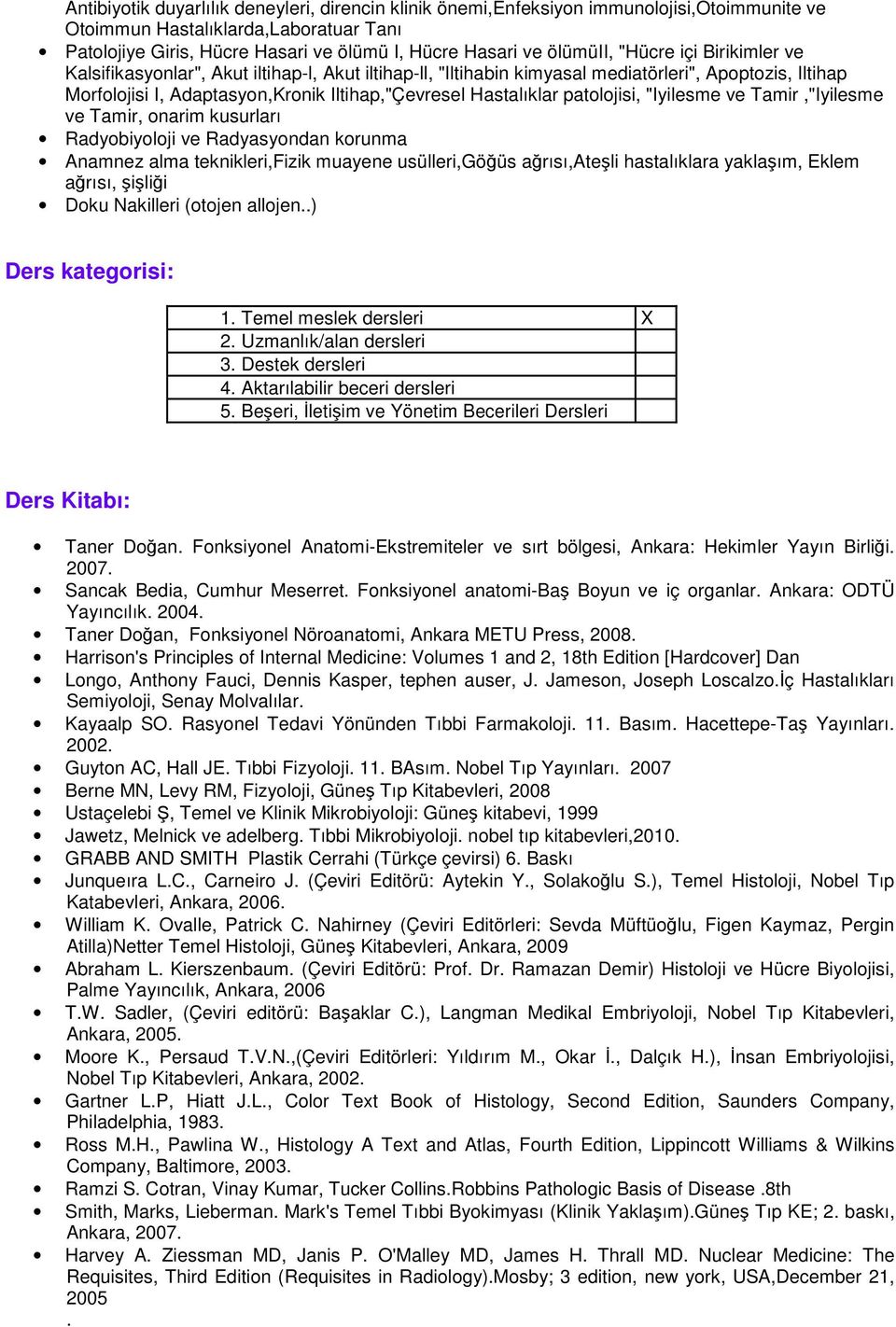 Hastalıklar patolojisi, "Iyilesme ve Tamir,"Iyilesme ve Tamir, onarim kusurları Radyobiyoloji ve Radyasyondan korunma Anamnez alma teknikleri,fizik muayene usülleri,göğüs ağrısı,ateşli hastalıklara