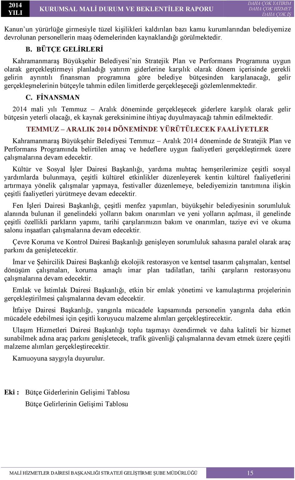 gelirin ayrıntılı finansman programına göre belediye bütçesinden karşılanacağı, gelir gerçekleşmelerinin bütçeyle tahmin edilen limitlerde gerçekleşeceği gözlemlenmektedir. C.