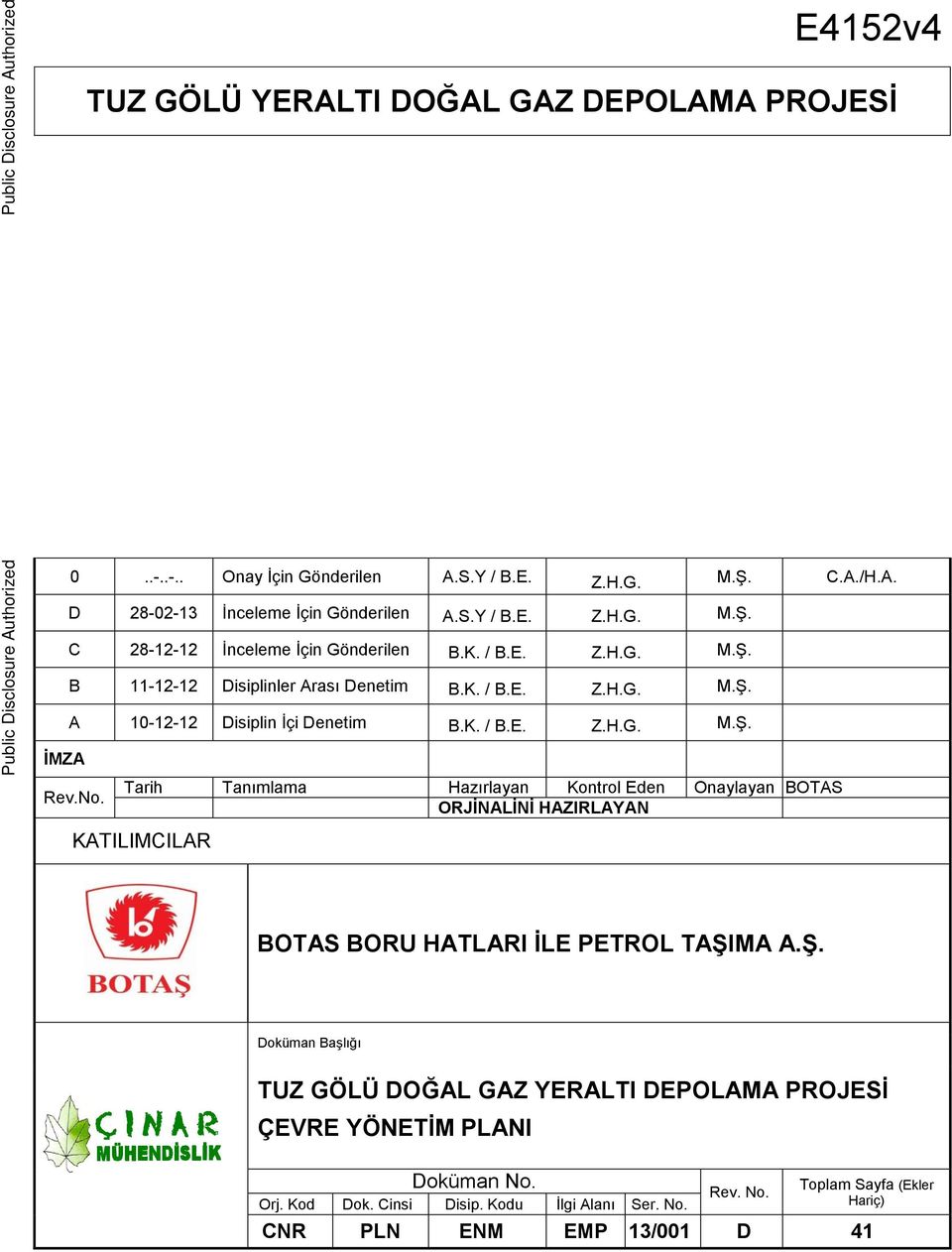 K. / B.E. Z.H.G. M.ġ. Rev.No. Tarih Tanımlama Hazırlayan Kontrol Eden Onaylayan BOTAS ORJĠNALĠNĠ HAZIRLAYAN KATILIMCILAR BOTAS BORU HATLARI ĠLE PETROL TAġIMA A.ġ. Doküman BaĢlığı TUZ GÖLÜ DOĞAL GAZ YERALTI DEPOLAMA PROJESĠ ÇEVRE YÖNETĠM PLANI Doküman No.