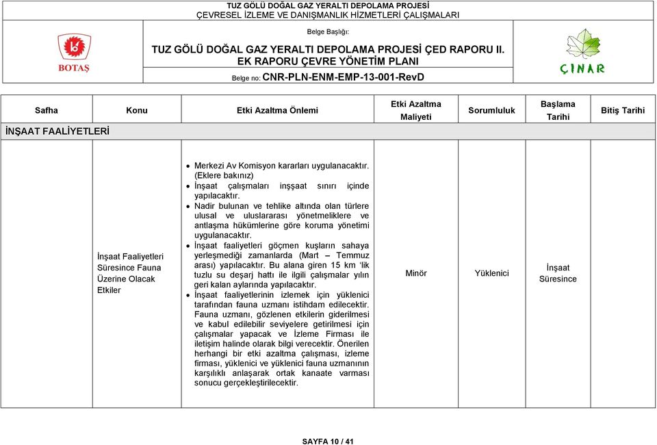 Nadir bulunan ve tehlike altında olan türlere ulusal ve uluslararası yönetmeliklere ve antlaģma hükümlerine göre koruma yönetimi uygulanacaktır.