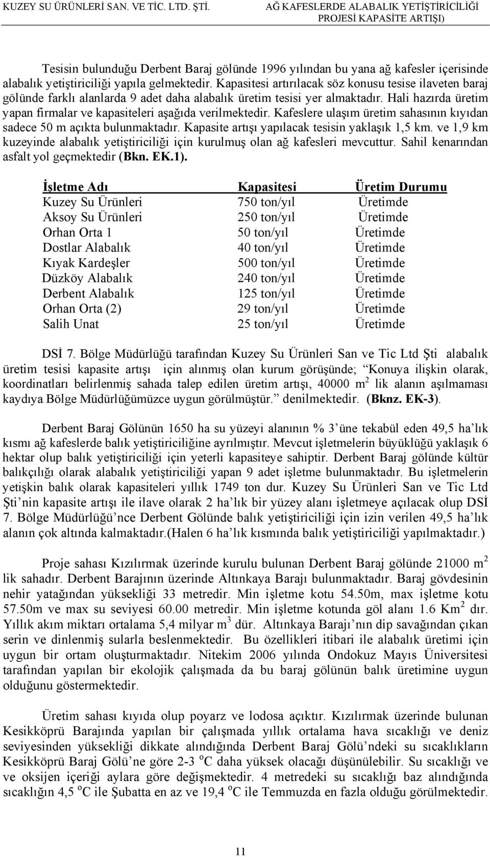 Hali hazırda üretim yapan firmalar ve kapasiteleri aşağıda verilmektedir. Kafeslere ulaşım üretim sahasının kıyıdan sadece 50 m açıkta bulunmaktadır. Kapasite artışı yapılacak tesisin yaklaşık 1,5 km.