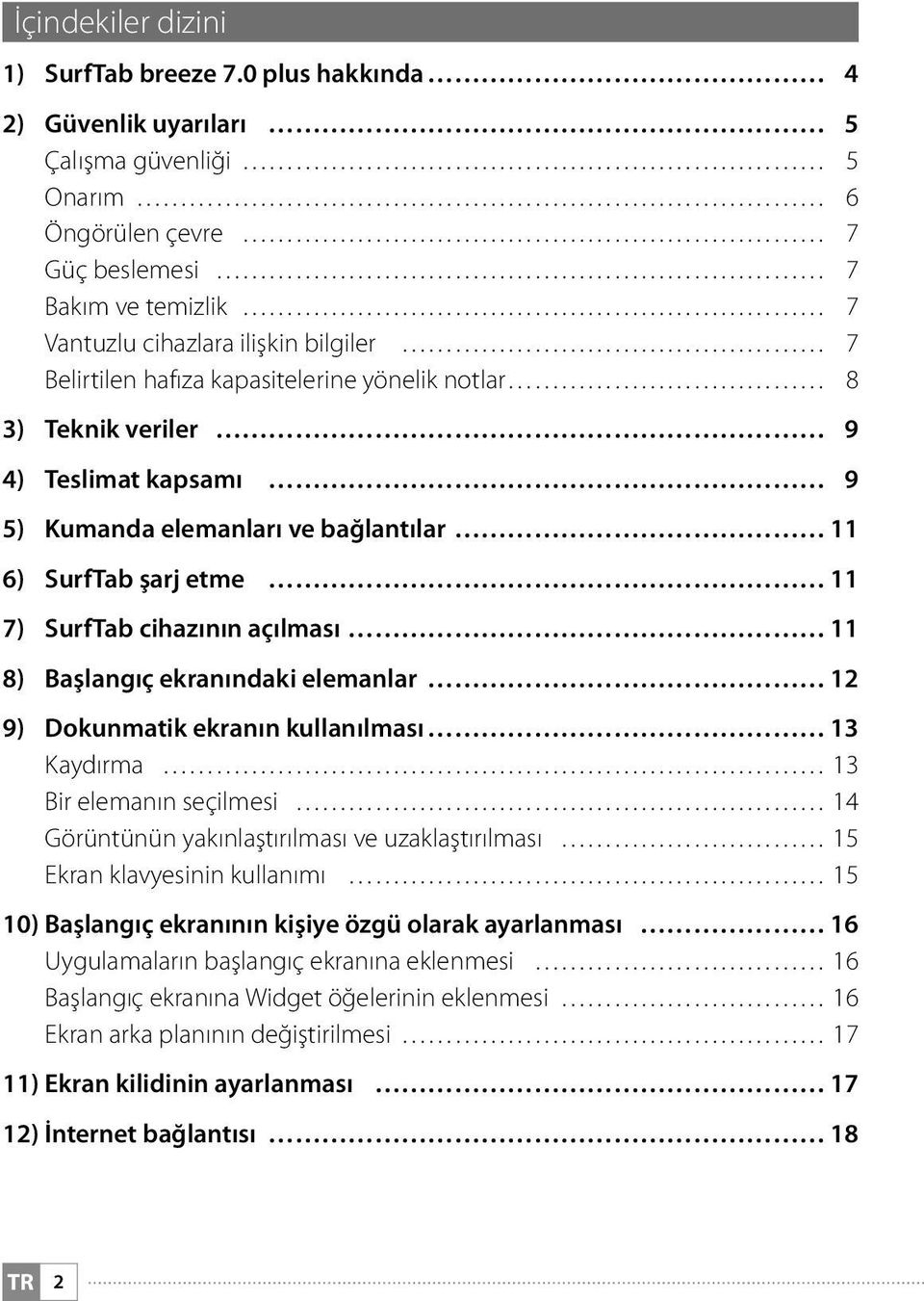 yönelik notlar 8 3) Teknik veriler 9 4) Teslimat kapsamı 9 5) Kumanda elemanları ve bağlantılar 11 6) SurfTab şarj etme 11 7) SurfTab cihazının açılması 11 8) Başlangıç ekranındaki elemanlar 12 9)