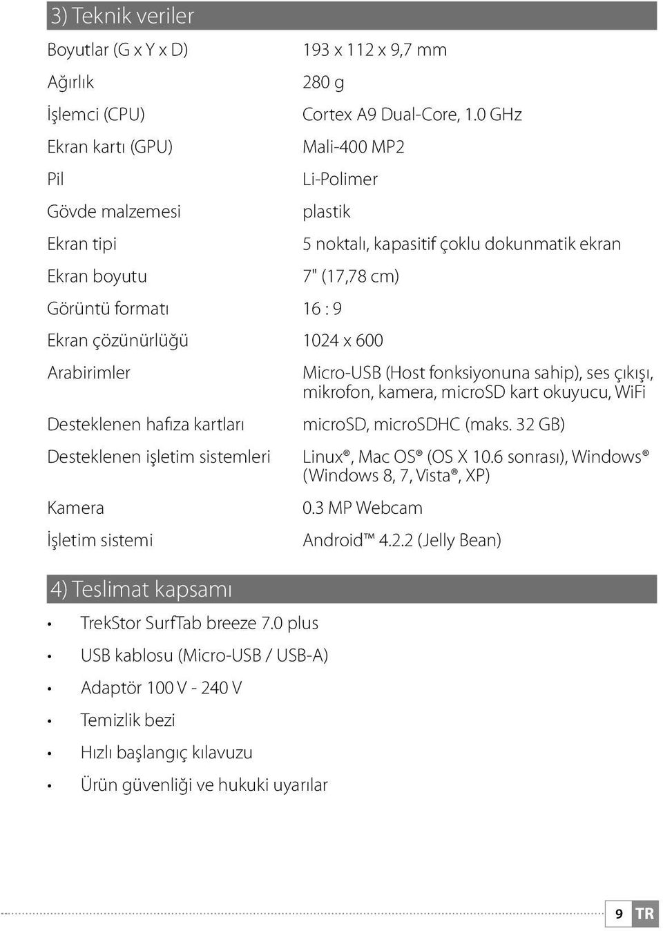 Arabirimler Micro-USB (Host fonksiyonuna sahip), ses çıkışı, mikrofon, kamera, microsd kart okuyucu, WiFi Desteklenen hafıza kartları microsd, microsdhc (maks.