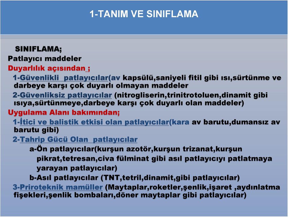 patlayıcılar(kara av barutu,dumansız av barutu gibi) 2-Tahrip Gücü Olan patlayıcılar a-ön patlayıcılar(kurşun azotör,kurşun trizanat,kurşun pikrat,tetresan,civa fülminat gibi asıl patlayıcıyı