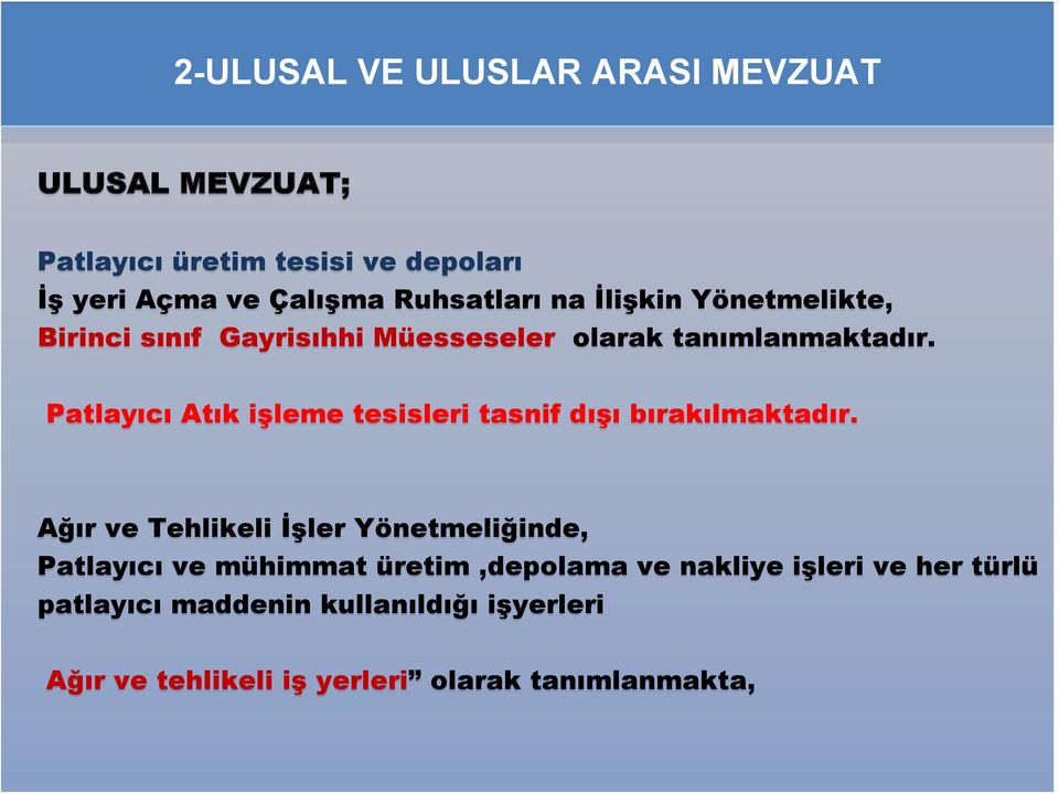 Patlayıcı Atık işleme tesisleri tasnif dışı bırakılmaktadır.