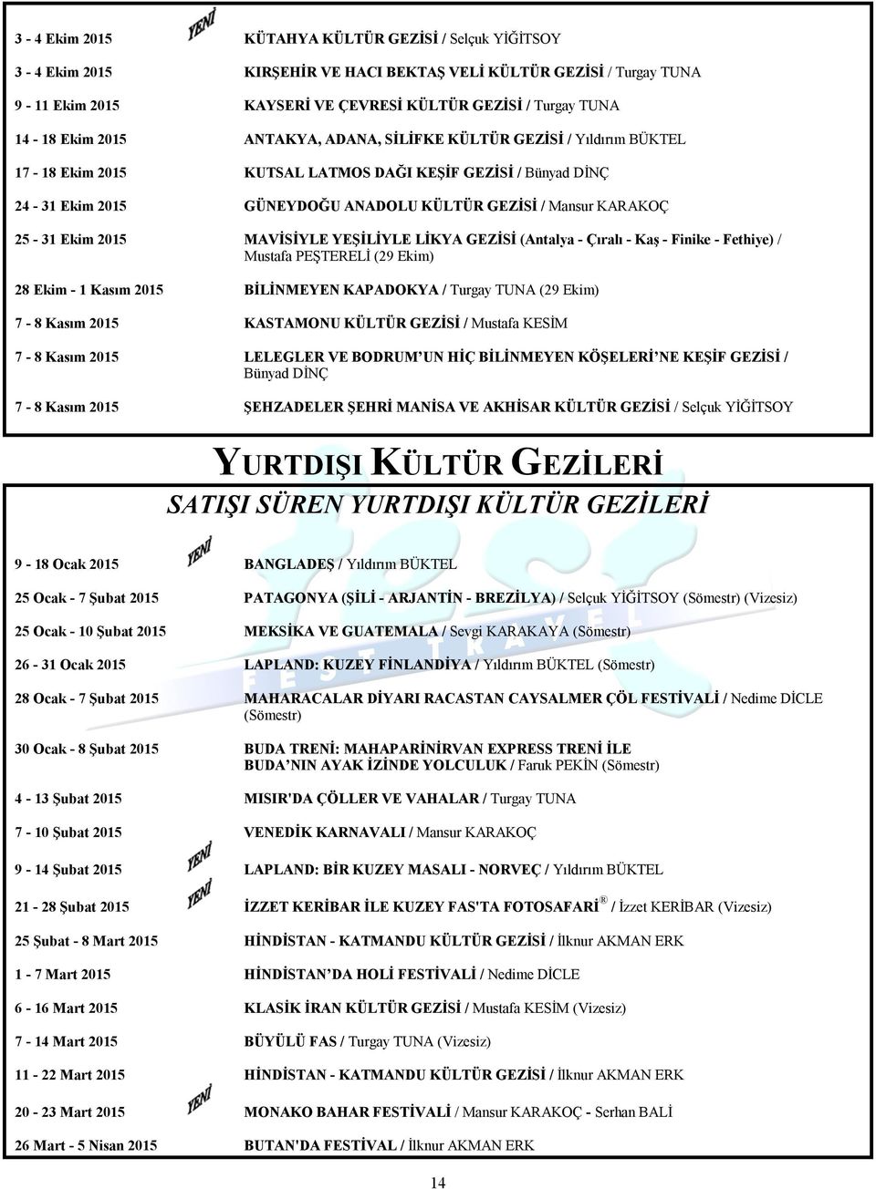 2015 MAVİSİYLE YEŞİLİYLE LİKYA GEZİSİ (Antalya - Çıralı - Kaş - Finike - Fethiye) / Mustafa PEŞTERELİ (29 Ekim) 28 Ekim - 1 Kasım 2015 BİLİNMEYEN KAPADOKYA / Turgay TUNA (29 Ekim) 7-8 Kasım 2015