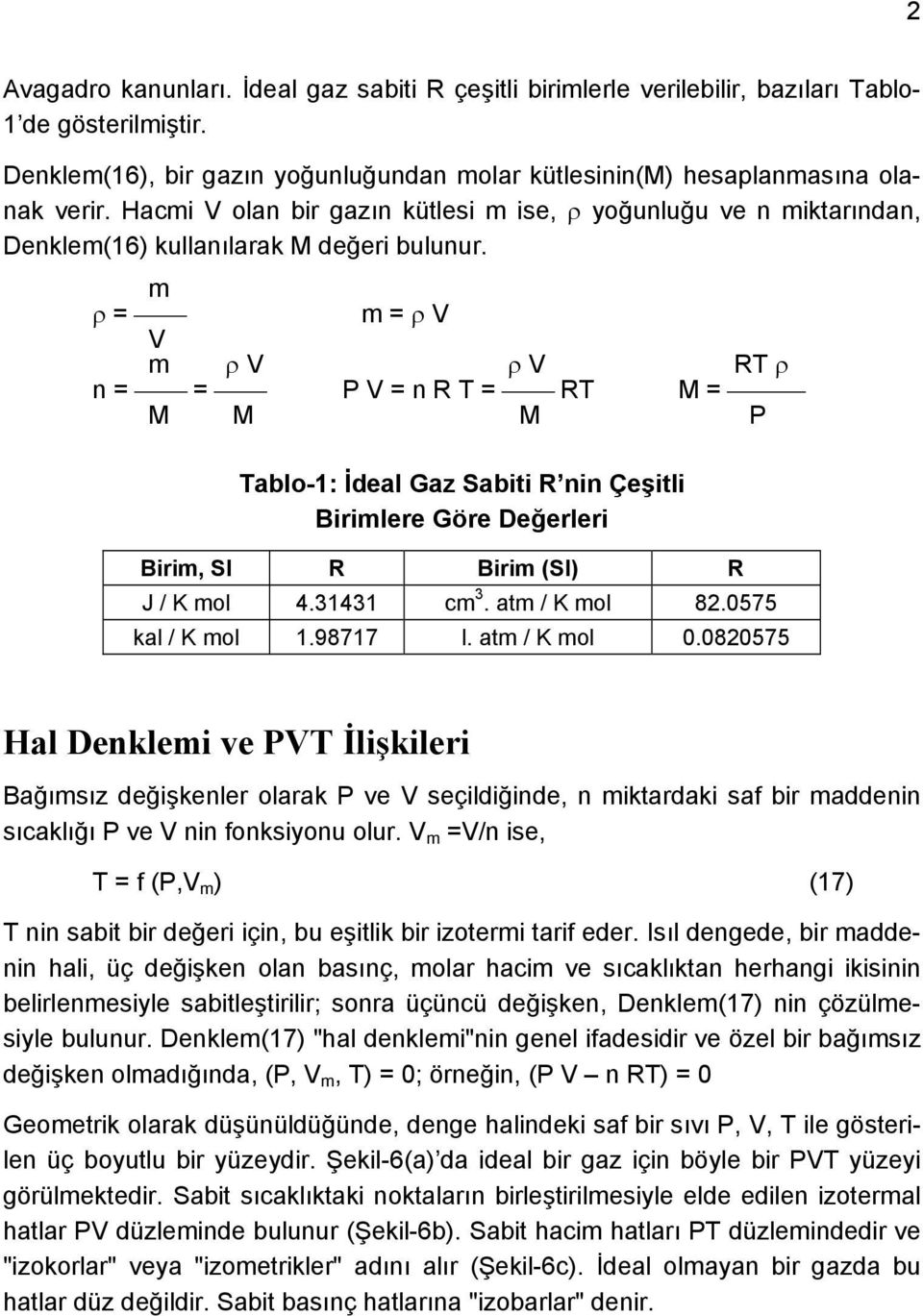 m ρ = m = ρ V V m ρ V n = = ρ V P V = n R T = RT RT ρ M = M M M P Tablo-1: İdeal Gaz Sabiti R nin Çeşitli Birimlere Göre Değerleri Birim, SI R Birim (SI) R J / K mol 4.31431 cm 3. atm / K mol 82.