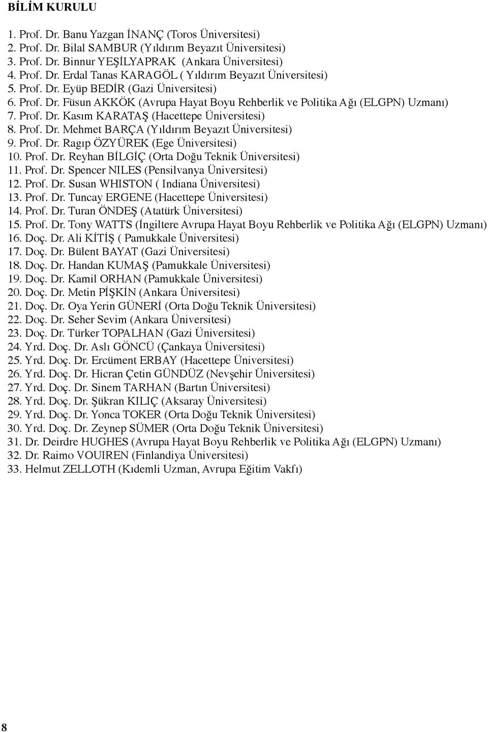 Prof. Dr. Ragıp ÖZYÜREK (Ege Üniversitesi) 10. Prof. Dr. Reyhan BİLGİÇ (Orta Doğu Teknik Üniversitesi) 11. Prof. Dr. Spencer NILES (Pensilvanya Üniversitesi) 12. Prof. Dr. Susan WHISTON ( Indiana Üniversitesi) 13.