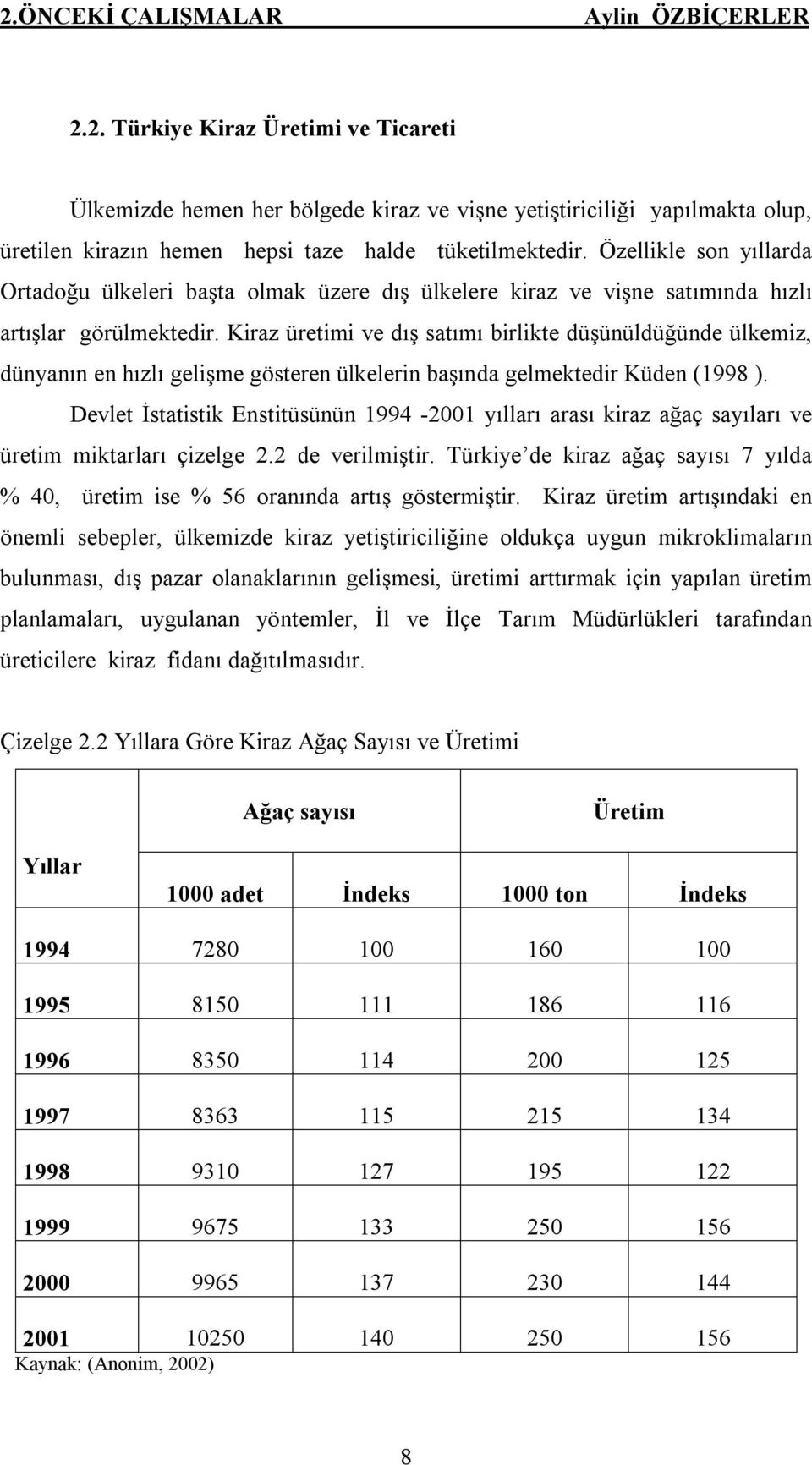 Kiraz üretimi ve dış satımı birlikte düşünüldüğünde ülkemiz, dünyanın en hızlı gelişme gösteren ülkelerin başında gelmektedir Küden (1998 ).