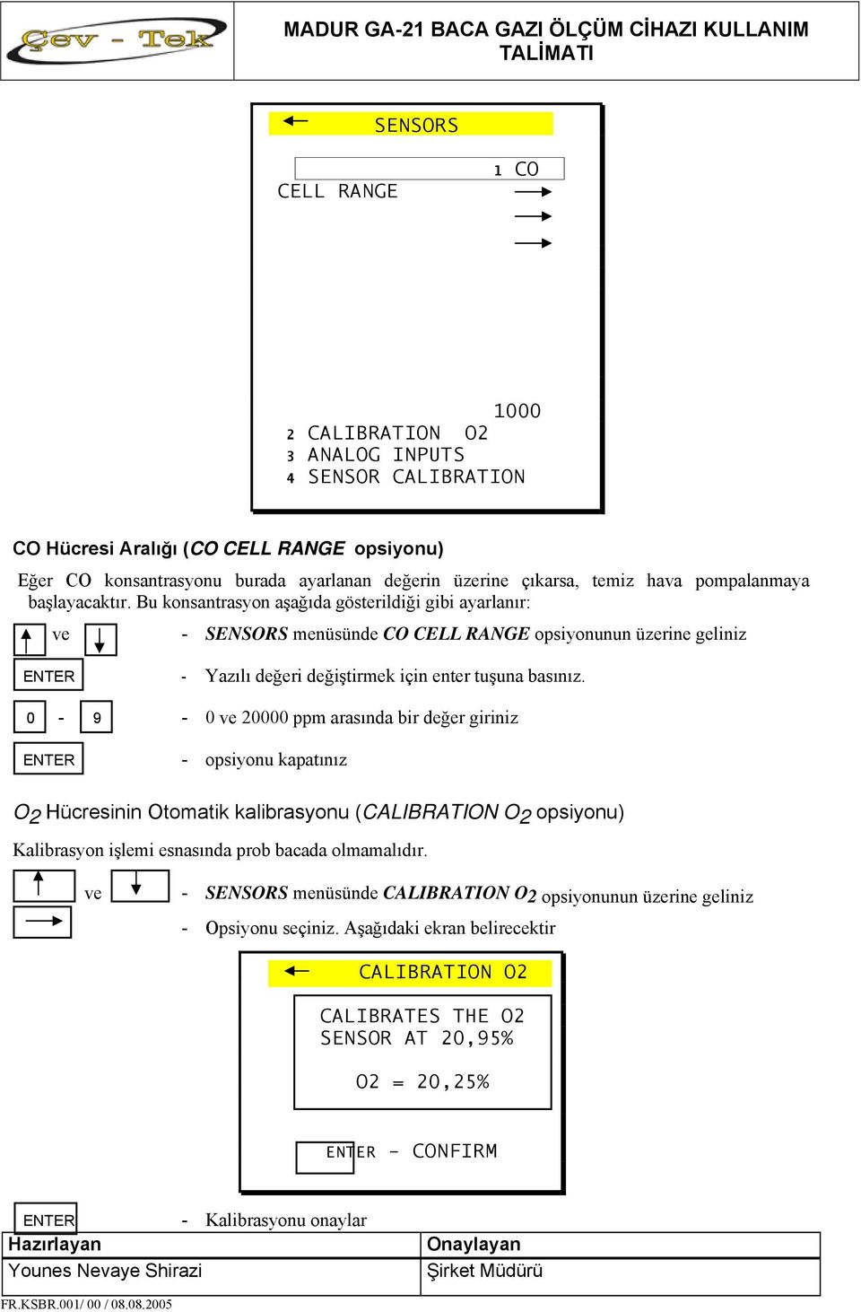 Bu konsantrasyon aşağıda gösterildiği gibi ayarlanır: - SENSORS menüsünde CO CELL RANGE opsiyonunun üzerine geliniz - Yazılı değeri değiştirmek için enter tuşuna basınız.