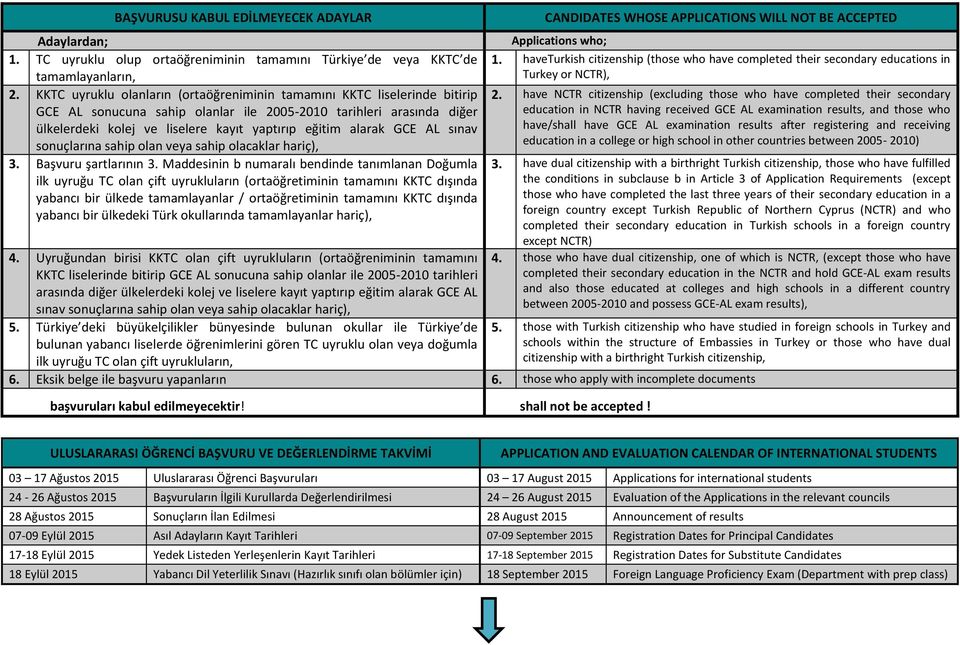 alarak GCE AL sınav sonuçlarına sahip olan veya sahip olacaklar hariç), 3. Başvuru şartlarının 3.