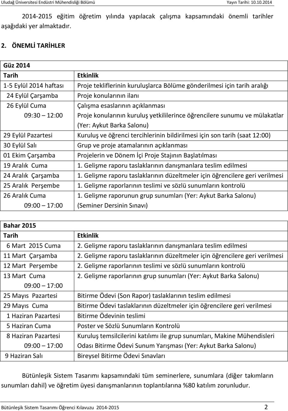 12:00 Çalışma esaslarının açıklanması Proje konularının kuruluş yetkililerince öğrencilere sunumu ve mülakatlar (Yer: Aykut Barka Salonu) 29 Eylül Pazartesi Kuruluş ve öğrenci tercihlerinin