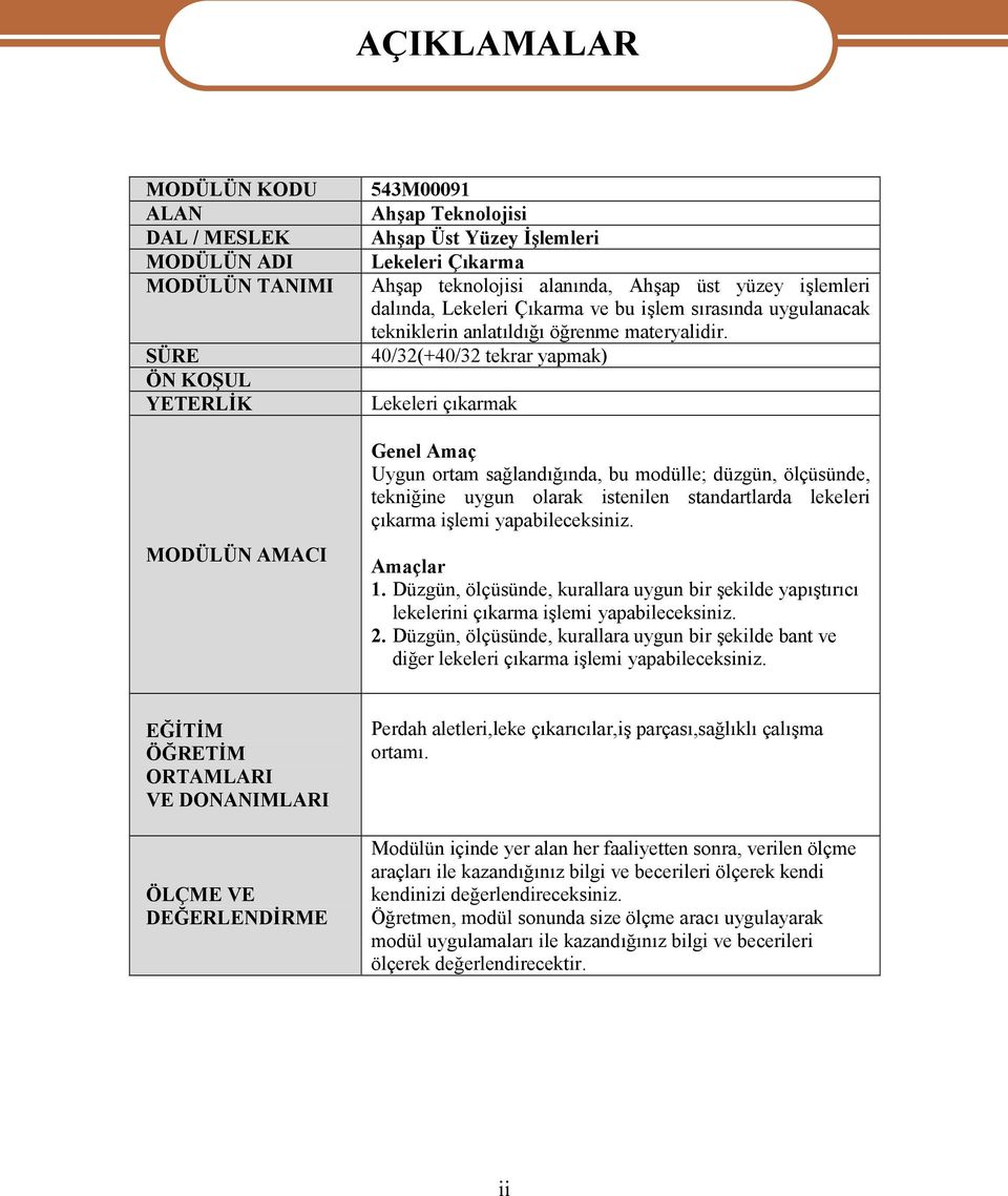 SÜRE 40/32(+40/32 tekrar yapmak) ÖN KOŞUL YETERLİK Lekeleri çıkarmak MODÜLÜN AMACI Genel Amaç Uygun ortam sağlandığında, bu modülle; düzgün, ölçüsünde, tekniğine uygun olarak istenilen standartlarda