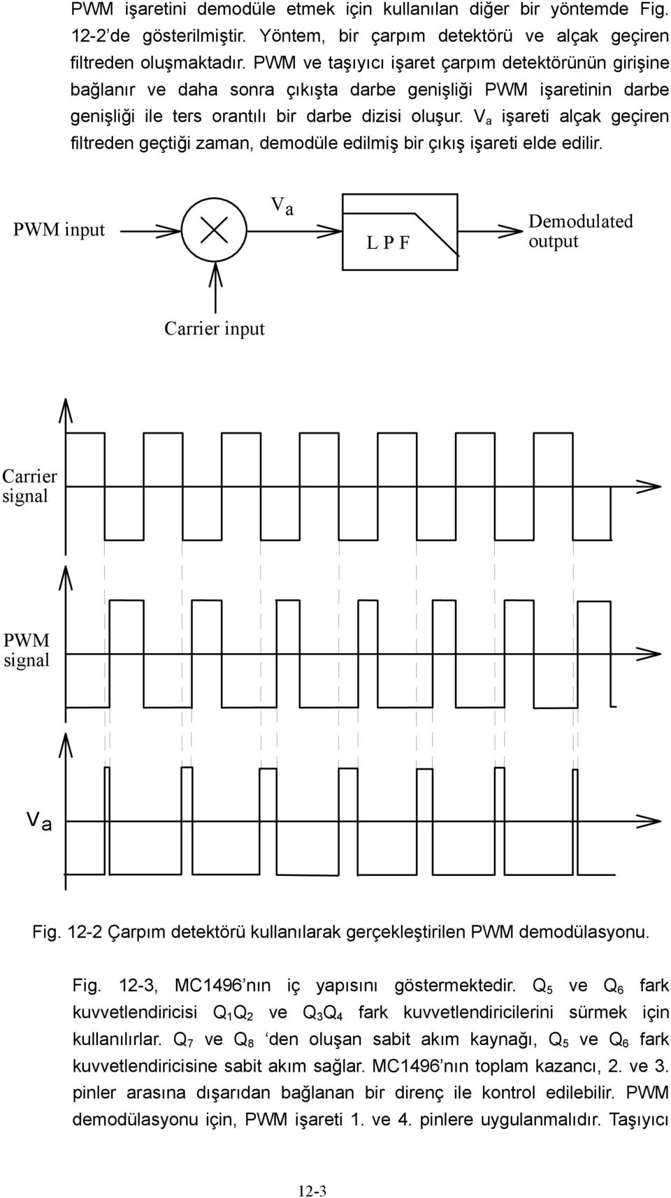 V a işareti alçak geçiren filtreden geçtiği zaman, demodüle edilmiş bir çıkış işareti elde edilir. input V a L P F Demodulated output Carrier input Carrier signal signal V a Fig.