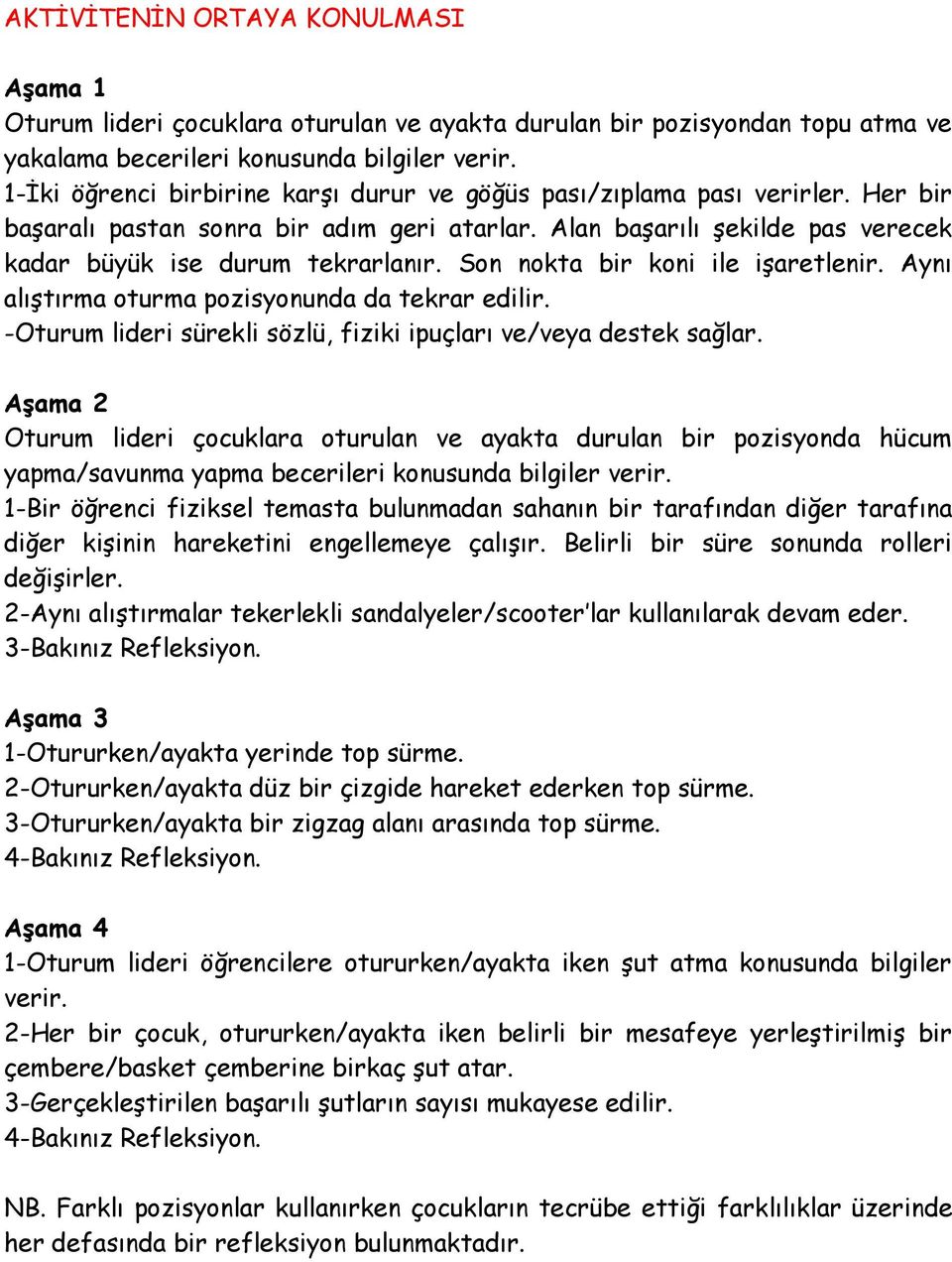 Son nokta bir koni ile işaretlenir. Aynı alıştırma oturma pozisyonunda da tekrar edilir. -Oturum lideri sürekli sözlü, fiziki ipuçları ve/veya destek sağlar.