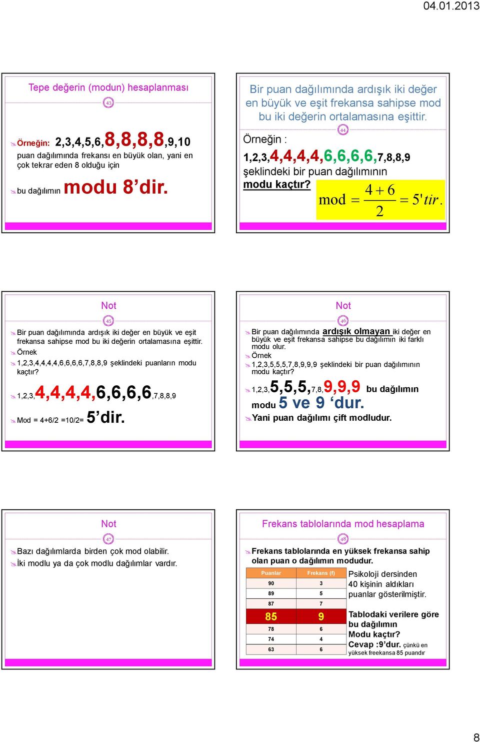 4 6 mod 44 5' tir. Not 45 Bir puan dağılımında ardışık iki değer en büyük ve eşit frekansa sahipse mod bu iki değerin ortalamasına eşittir.