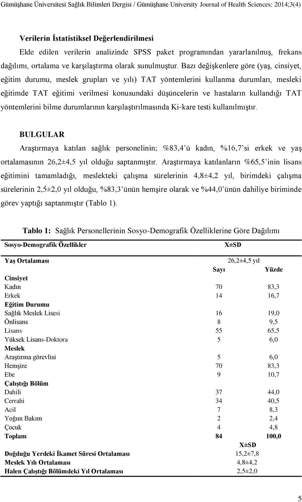 Bazı değişkenlere göre (yaş, cinsiyet, eğitim durumu, meslek grupları ve yılı) TAT yöntemlerini kullanma durumları, mesleki eğitimde TAT eğitimi verilmesi konusundaki düşüncelerin ve hastaların