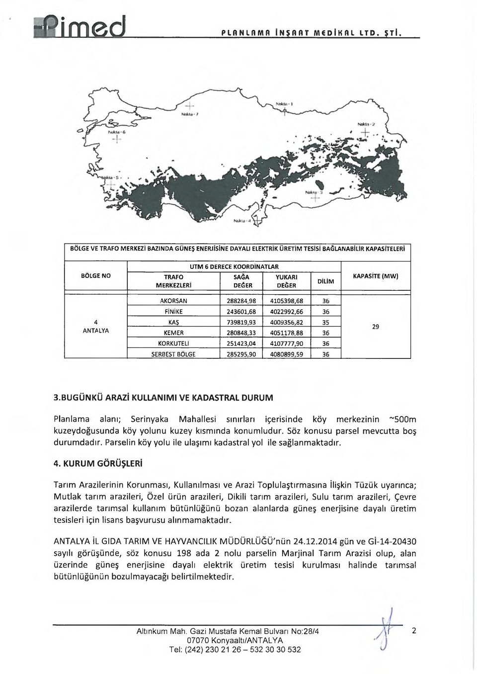 4 ANTALYA AKORSAN 288284,98 4105398,68 36 RNIKE 243601,68 4022992,66 36 KAŞ 739819,93 4009356,82 35 KEMER 280848,33 4051178.