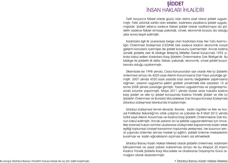 Kadınlarla ilgili ilk uluslararası belge olan Kadınlara Karşı Her Türlü Ayrımcılığın Önlenmesi Sözleşmesi (CEDAW) bile sadece kadının ekonomik sosyal gelişimi konularını içermişse de şiddet konusunu