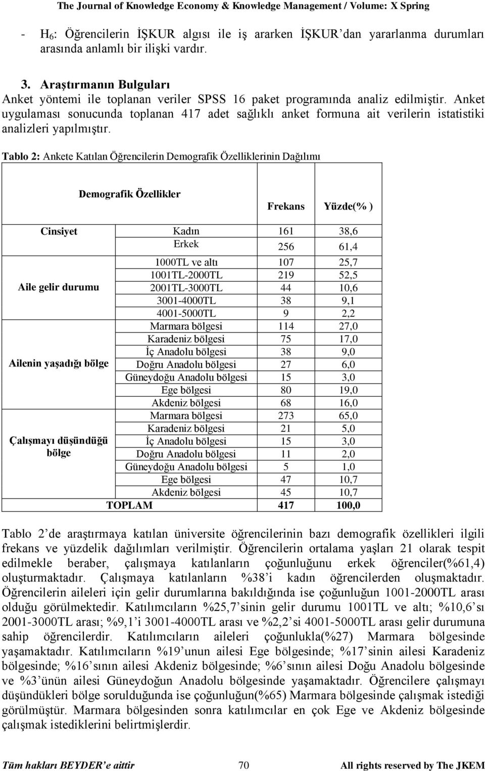 Anket uygulaması sonucunda toplanan 417 adet sağlıklı anket formuna ait verilerin istatistiki analizleri yapılmıştır.