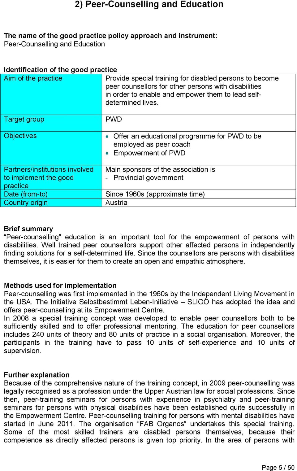 Target group Objectives Partners/institutions involved to implement the good practice Date (from-to) Country origin PWD Offer an educational programme for PWD to be employed as peer coach Empowerment