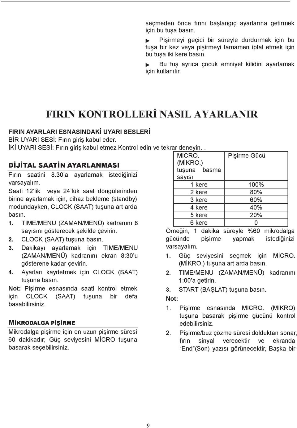 İKİ UYARI SESİ: Fırın giriş kabul etmez Kontrol edin ve tekrar deneyin.. MICRO. Pişirme Gücü (MİKRO.) DİJİTAL SAATİN AYARLANMASI tuşuna basma Fırın saatini 8.