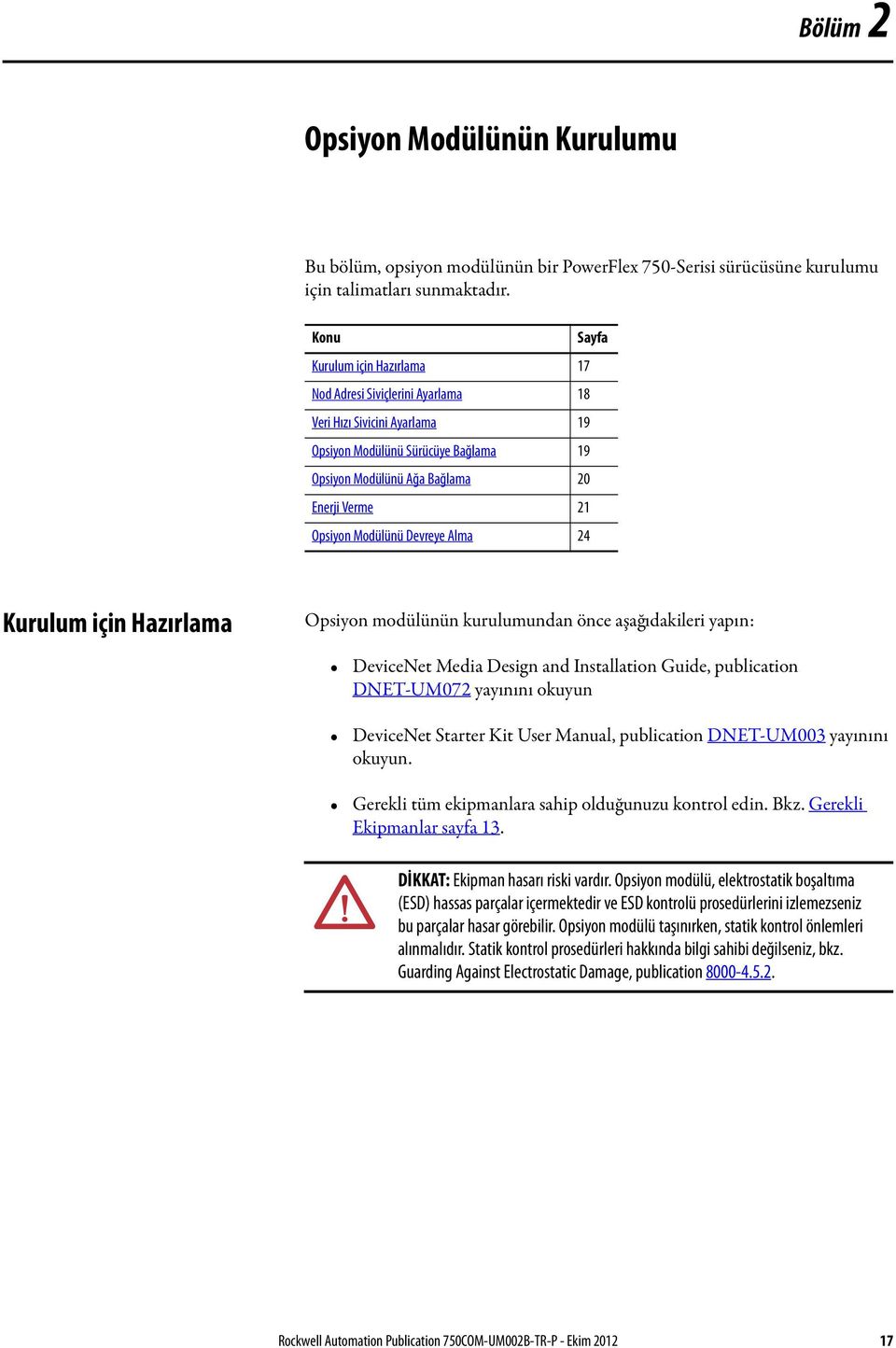 Modülünü Devreye Alma 24 Kurulum için Hazırlama Opsiyon modülünün kurulumundan önce aşağıdakileri yapın: DeviceNet Media Design and Installation Guide, publication DNET-UM072 yayınını okuyun