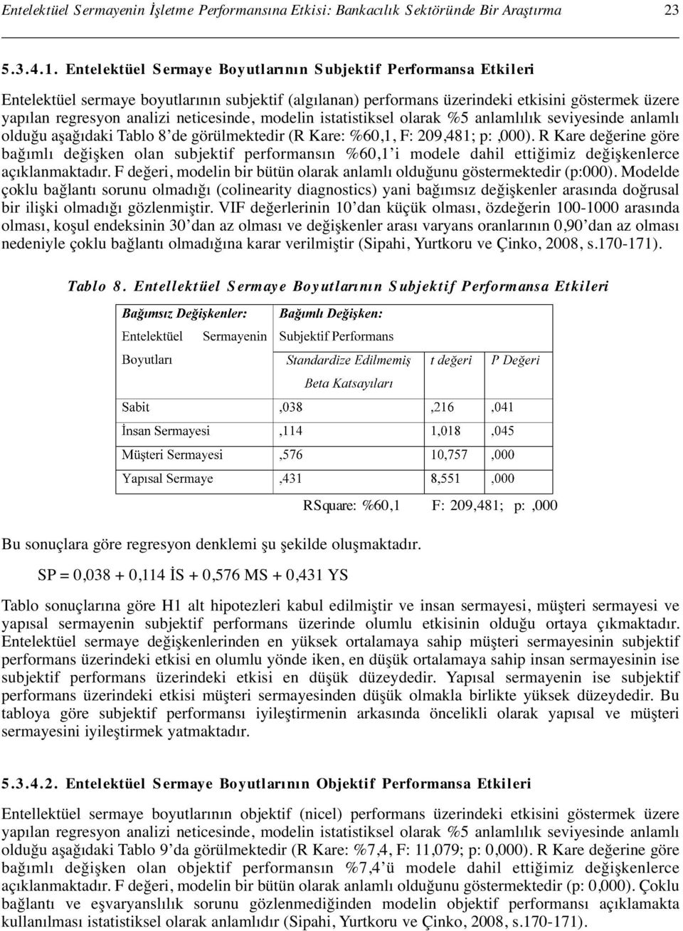 neticesinde, modelin istatistiksel olarak %5 anlamlılık seviyesinde anlamlı olduğu aşağıdaki Tablo 8 de görülmektedir (R Kare: %60,1, F: 209,481; p:,000).