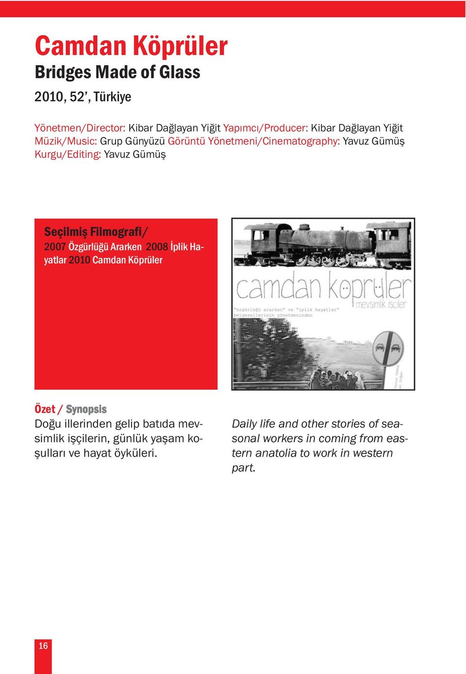 2007 Özgürlüğü Ararken 2008 İplik Hayatlar 2010 Camdan Köprüler Doğu illerinden gelip batıda mevsimlik işçilerin, günlük yaşam