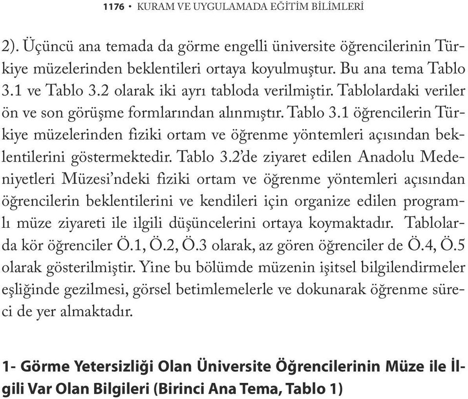 1 öğrencilerin Türkiye müzelerinden fiziki ortam ve öğrenme yöntemleri açısından beklentilerini göstermektedir. Tablo 3.