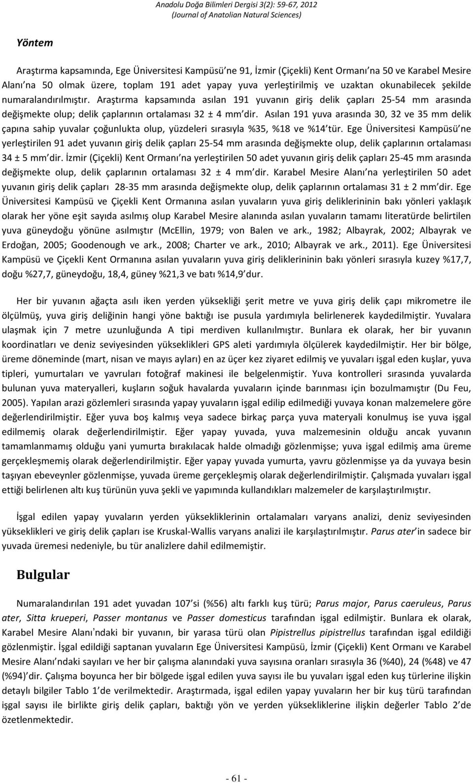 Asılan 191 yuva arasında 30, 32 ve 35 mm delik çapına sahip yuvalar çoğunlukta olup, yüzdeleri sırasıyla %35, %18 ve %14 tür.