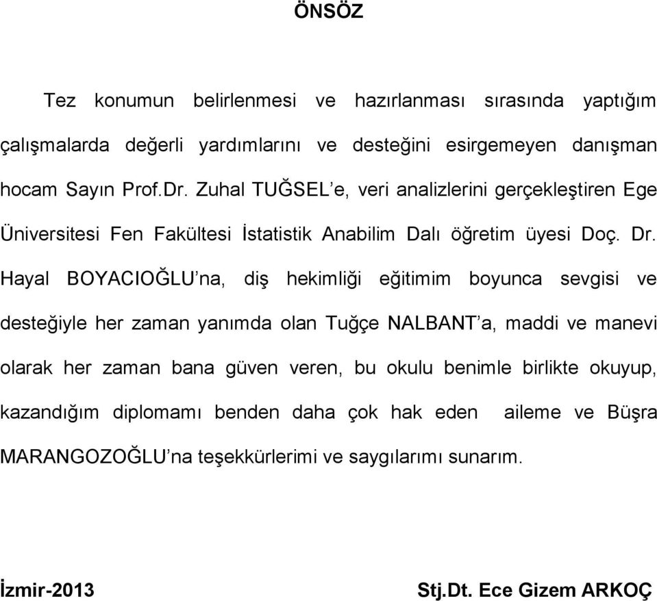 Hayal BOYACIOĞLU na, diş hekimliği eğitimim boyunca sevgisi ve desteğiyle her zaman yanımda olan Tuğçe NALBANT a, maddi ve manevi olarak her zaman bana güven