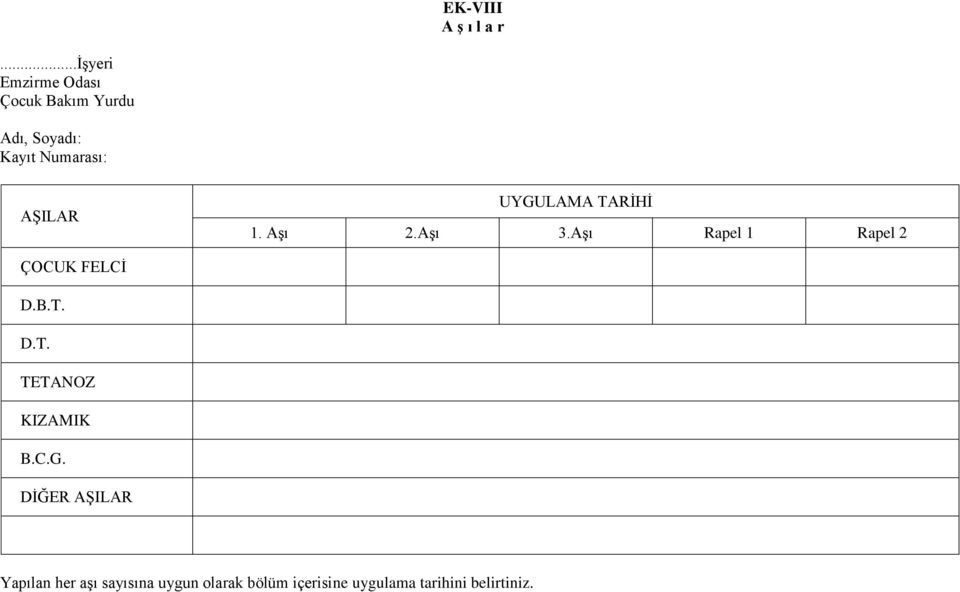 AŞILAR UYGULAMA TARİHİ 1. Aşı 2.Aşı 3.Aşı Rapel 1 Rapel 2 ÇOCUK FELCİ D.