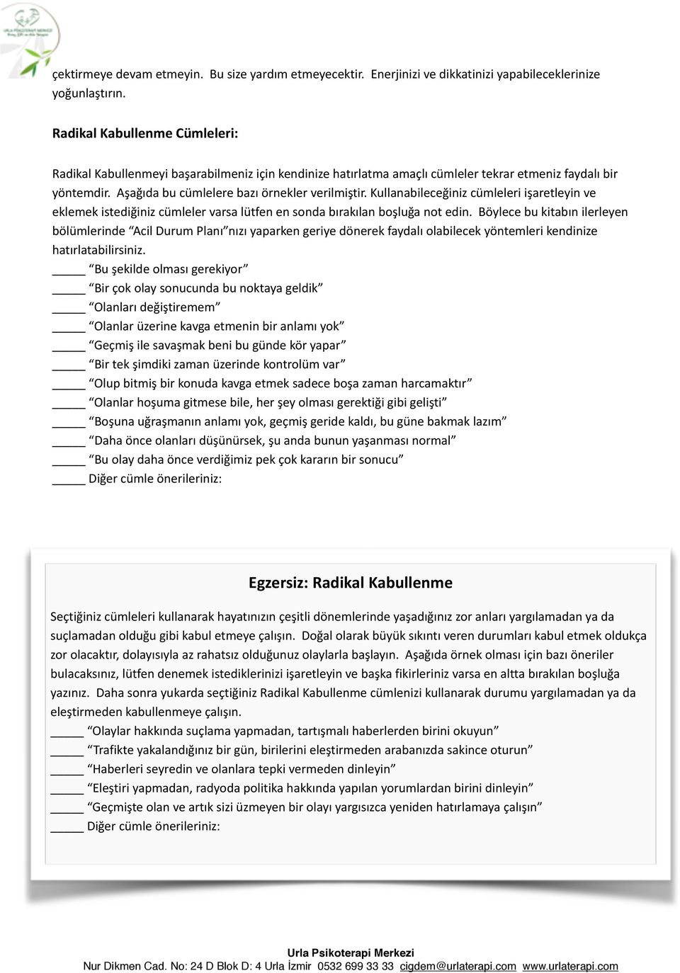 Kullanabileceğiniz cümleleri işaretleyin ve eklemek istediğiniz cümleler varsa lütfen en sonda bırakılan boşluğa not edin.