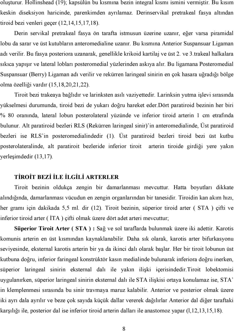 Derin servikal pretrakeal fasya ön tarafta istmusun üzerine uzanr, eer varsa piramidal lobu da sarar ve üst kutublarn anteromedialine uzanr. Bu ksmna Anterior Suspansuar Ligaman ad verilir.