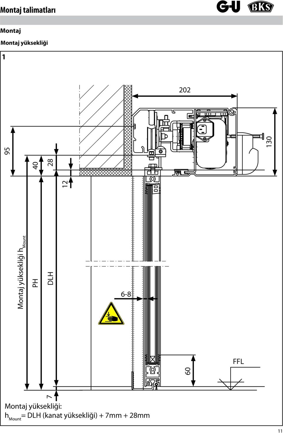 6-8 60 28 DLH 7 130 FFL Montaj yüksekliği: h