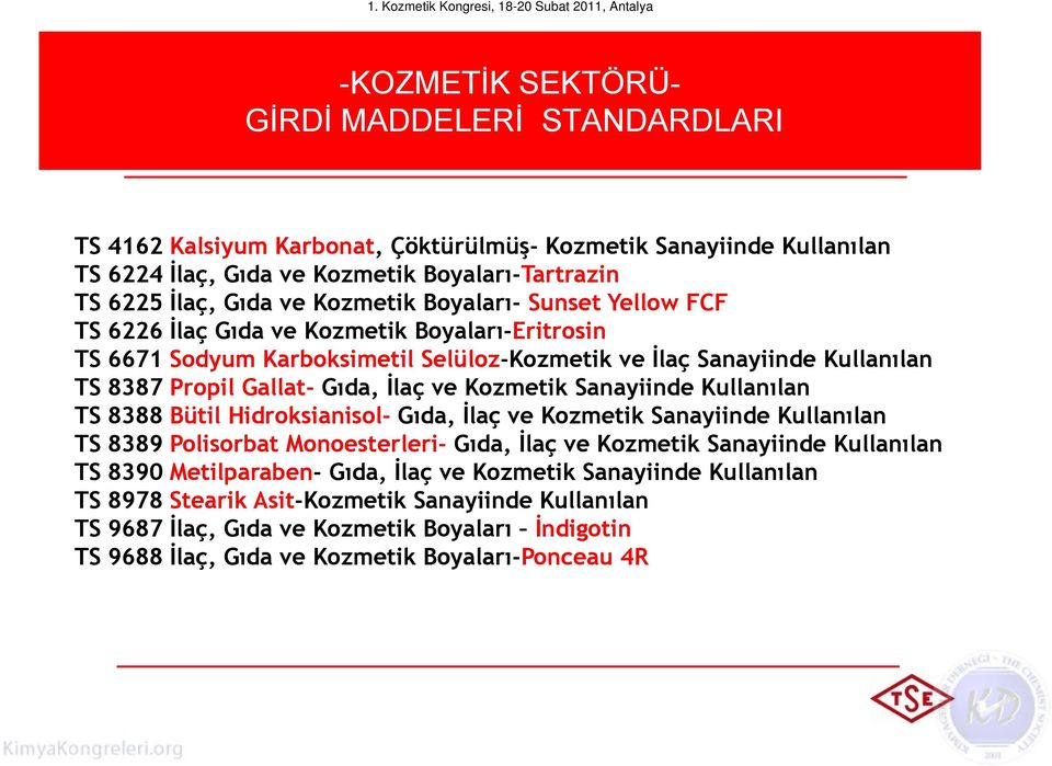 Kozmetik Sanayiinde Kullanılan TS 8388 Bütil Hidroksianisol- Gıda, Đlaç ve Kozmetik Sanayiinde Kullanılan TS 8389 Polisorbat Monoesterleri- Gıda, Đlaç ve Kozmetik Sanayiinde Kullanılan TS 8390