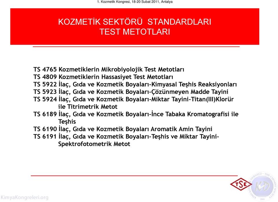 ve Kozmetik Boyaları-Miktar Tayini-Titan(III)Klorür ile Titrimetrik Metot TS 6189 Đlaç, Gıda ve Kozmetik Boyaları-Đnce Tabaka Kromatografisi ile