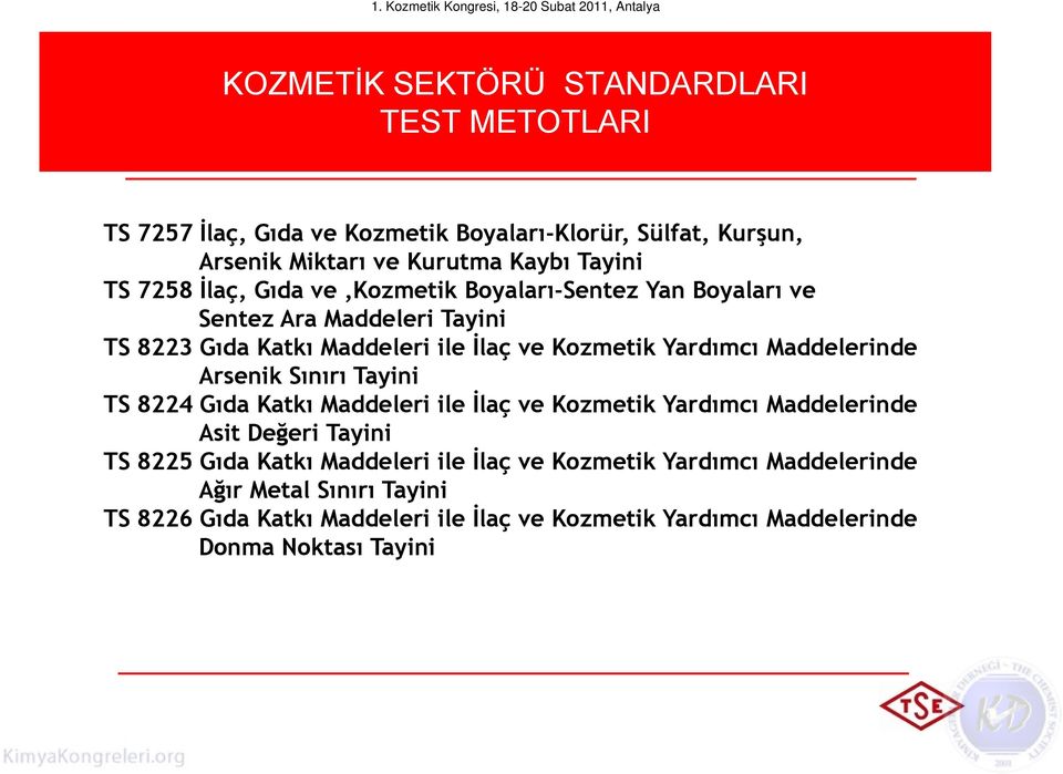 Maddelerinde Arsenik Sınırı Tayini TS 8224 Gıda Katkı Maddeleri ile Đlaç ve Kozmetik Yardımcı Maddelerinde Asit Değeri Tayini TS 8225 Gıda Katkı