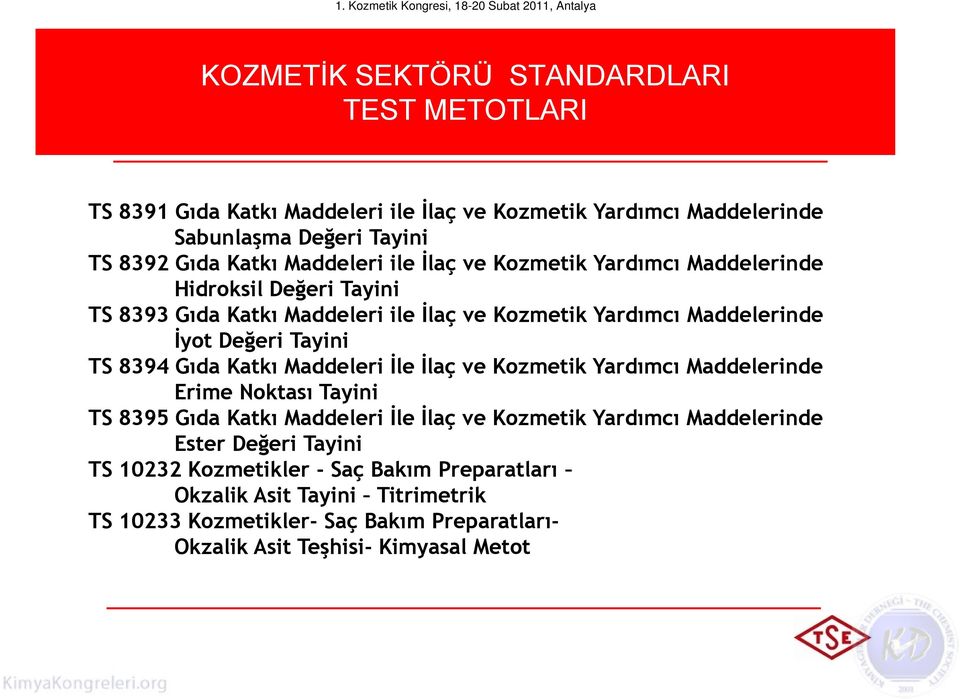 TS 8394 Gıda Katkı Maddeleri Đle Đlaç ve Kozmetik Yardımcı Maddelerinde Erime Noktası Tayini TS 8395 Gıda Katkı Maddeleri Đle Đlaç ve Kozmetik Yardımcı Maddelerinde